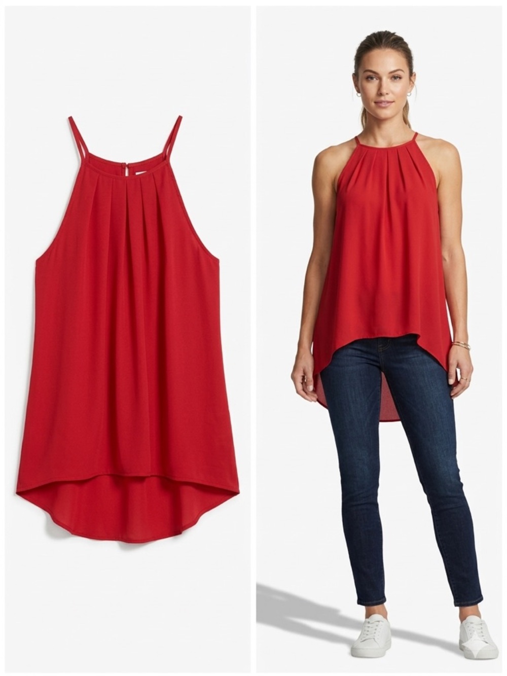 Sleeveless Red High-Neck Pleated Halter Blouse